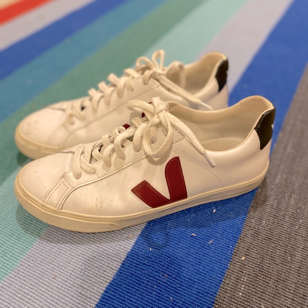 Veja White Leather Sneakers with Red V and Black Heel Tab